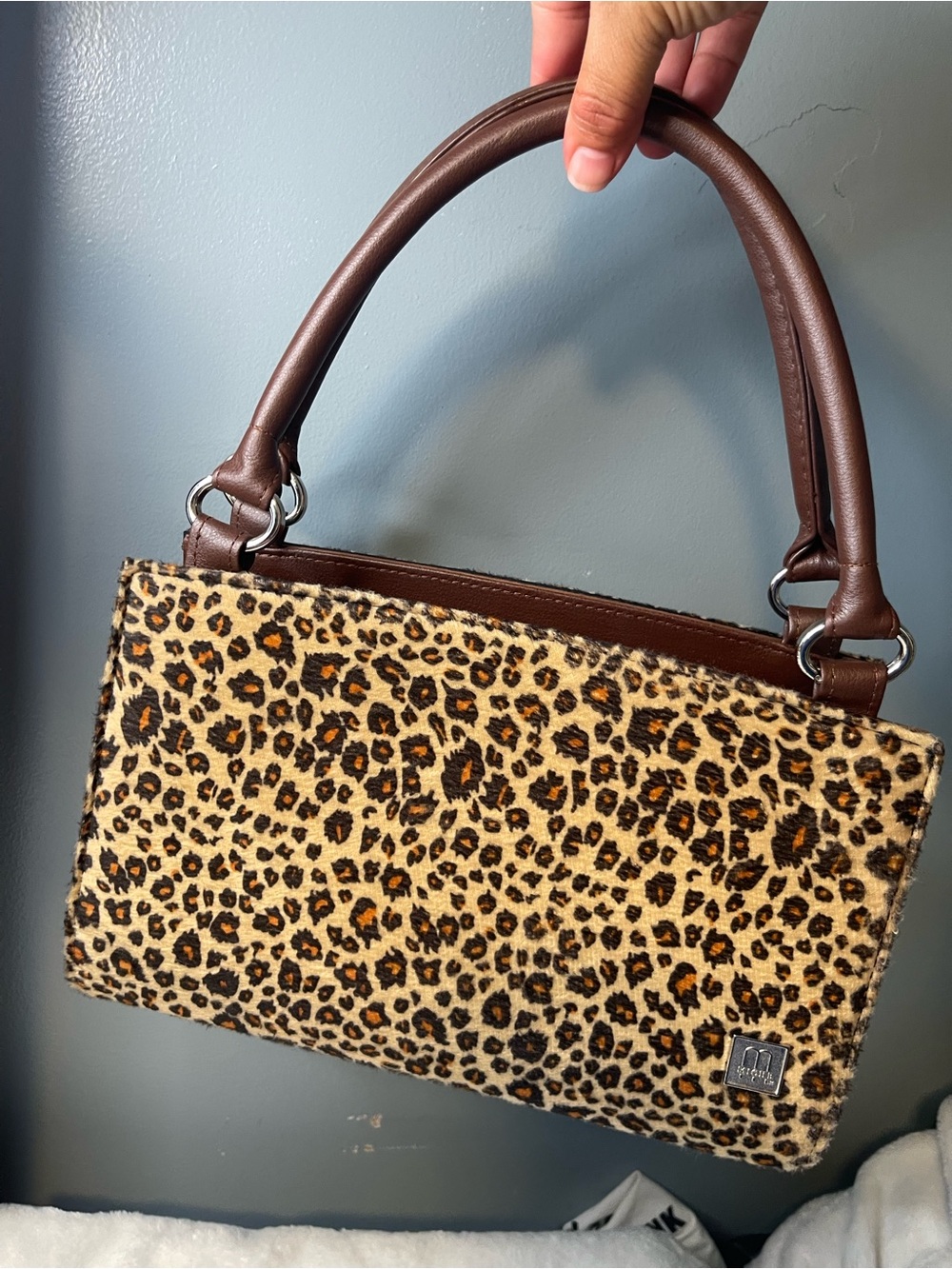 MICHI Leopard-Print Faux Fur Shoulder Bag in Brown and Tan